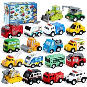 imageJOYIN 18 Pcs Pull Back City Cars and Trucks Toy Vehicles Set Friction Powered Cars Toys for Toddlers Boys Girls Educational Play Kids Stocking Stuffers Treasure Box Gifts for Classroom