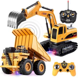 imageJOYIN 2 PCS Remote Control Construction Vehicle Toy Set FrictionPowered RC Excavator ampamp RC Dump Truck with Lights and Sounds for Imaginative Play Christmas Birthday Gifts for Toddlers Boys Girls
