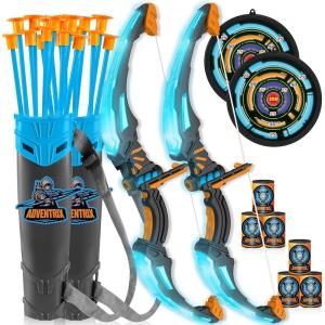 imageJOYIN 2 Pack Bow and Arrow Archery Toy Set for Kids Light Up Archery Play Set with 2 Luminous Bows 18 Suction Cups Arrows 6 Targets and 2 Quivers