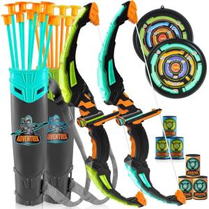 imageJOYIN 2 Pack Kids Bow and Arrow Set Blue and Green LED Light Up Archery Set with 2 Bows Suction Cup Arrows Target ampamp Arrow Case Indoor Outdoor Activity Toys for Kids Boys Girls Ages 312