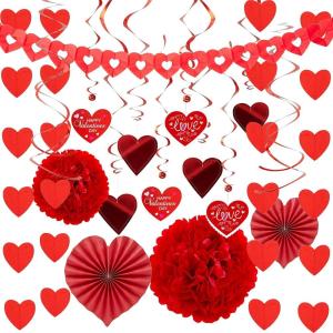 imageJOYIN 27 Pieces Valentines Day Decoration Kit with 1 Heart Shaped Garland 2 Tissue Fans Tissue Poms 6 Heart String 8 Double Swirls and Other Pieces