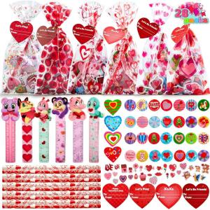 imageJOYIN 28 Pack Valentines Day Stationery Gifts for Kids Goody Bags with Party Favor Set for School Classmates Exchange Includes Pencils Erasers Rulers Stickers