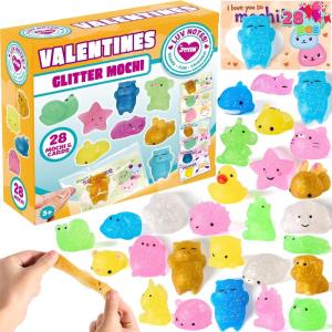 imageJOYIN 28 Packs Gift Cards with Glitter Mochi Squishy Toys to Squeeze Kawaii Stress Relief Fidget Toy for Kids Classroom Exchange Prizes Party Favor