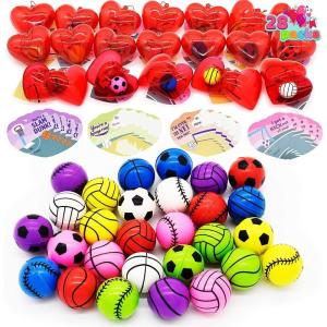 imageJOYIN 28 Packs Kids Valentine Day Sports Bouncy Ball with Prefilled Hearts and Valentine Cards for Kids Valentine Classroom Exchange Kids Bouncy Balls for Class Exchange Game Prize