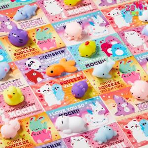 imageJOYIN 28 Packs Squishy Toy Gift Cards for Kids Kawaii Mochi to Squeeze with Cards Mochi Squishy Toy Stress Relief Fidget for Kids Classroom Exchange Prizes Party Favor