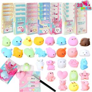 imageJOYIN 28 Packs Valentine Mochi Squishy Toys with Party Favor Bag for Kids Classroom Gift Exchange Valentine Party School Prizes Kawaii Stress Relief Toys