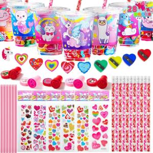 imageJOYIN 28 Packs Valentines Day Stationery with Cup and Card Exchange Gift for Kids with Pencils Stickers Erasers Stampers Sharpener Holiday Reward Prizes