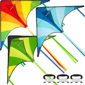 imageJOYIN 3 Packs Large Delta Kite Green Blue and Rainbow Easy to Fly for Kids with 2625 ft String Large Delta Beach Kite for Outdoor Games and Activities