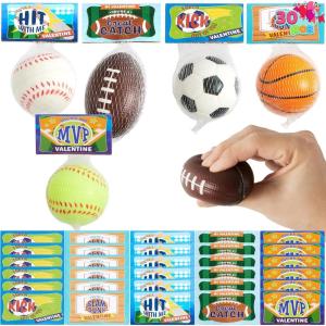 imageJOYIN 30 Pack Kids Valentines Day Gift Cards with Gift Mini Sports Ball Figure Stress Balls Squeeze Foam Balls for Classroom Exchange Prizes Stress Relief  Anxiety Relief Valentine Party Favor Toys