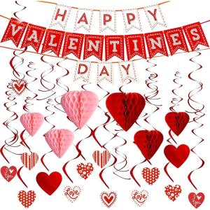 imageJOYIN 31 Pcs Valentines Day Decoration Kit with 1 Happy Valentines Day Banner 8 Foil Swirls 14 Hanging Swirls with Heart Pendant 8 Hanging Red Pink Heart Honeycombs Valentine Party Supplies