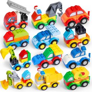 imageJOYIN 80Pcs Toddlers Car Building Blocks Set 12Pcs Different Vehicles Build Your Own Toy Cars Compatible with Brand Name Building Bricks for Kids Boys Girls Birthday Easter Gift
