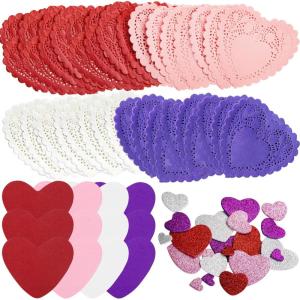imageJOYIN 86 Pcs Valentines Day Heart Doilies Craft Gift Set with 50 Pcs Paper Doilies 12 Foam Craft and 1 Bags of Glitter Foam Heart Stickers for Valentines Day Party Tableware Decoration