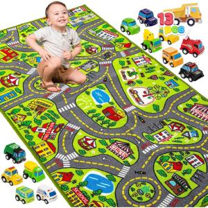 imageJOYIN Kids Play Rugs  12 PullBack Vehicle Set  Durable Carpet Playmat Rug  City Pretend Play  Toddler Car Track RugCity view