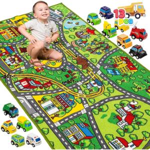 imageJOYIN Kids Play Rugs  12 PullBack Vehicle Set  Durable Carpet Playmat Rug  City Pretend Play  Toddler Car Track RugCommunity view