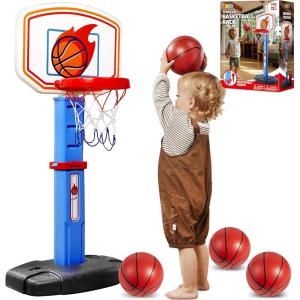 imageJOYIN Toddler Basketball Hoop Indoor Adjustable Basketball Goal for Kids with 4 Balls Game Toys for Playroom Pool Outdoor Birthday Gift for Baby Boys Girls Age 1 2 3 4  Air Pump IncludedBlue and Orange
