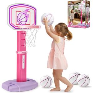 imageJOYIN Toddler Basketball Hoop Indoor Adjustable Basketball Goal for Kids with 4 Balls Game Toys for Playroom Pool Outdoor Birthday Gift for Baby Boys Girls Age 1 2 3 4  Air Pump IncludedPink and Purple