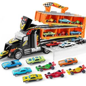 imageJOYIN Toy Truck for Kids Race Toy Cars 60quot Extra Long Race Track and 12 DieCast Metal Cars Toddler Carrier Truck Playset with Lights ampamp Sounds Birthday Gift for 2 3 4 5 6 7 Years Old Boys GirlsBlack Orange