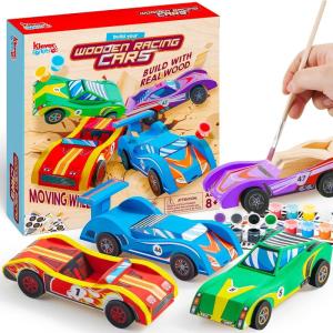 imageKlever Kits 4 DIY Wooden Race CarsBuild ampamp Paint Your Own Wood Craft Kit 4 Race Cars Toy Easy to Assemble Arts Crafts Kit Birthday Party Presents for Kids Boys and Girls