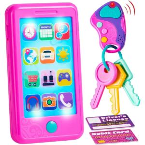 imagePretend Toddler Play Phone Learning Toy Phone SetKeyfob Key Toy and Credit Cards Set Kids Cellphone Girls Boys Birthday Gifts for 1 2 3 Year OldBaby Blue Kids Presents Gift for ChristmasMulticolor Pink