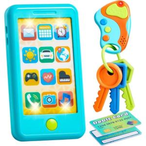 imagePretend Toddler Play Phone Learning Toy Phone SetKeyfob Key Toy and Credit Cards Set Kids Cellphone Girls Boys Birthday Gifts for 1 2 3 Year OldBaby Blue Kids Presents Gift for ChristmasBlue