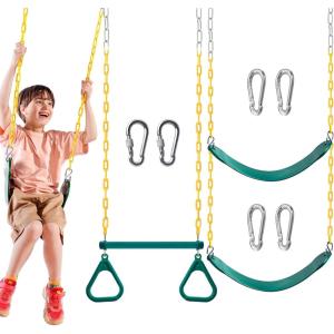 imageTURFEE 3 Pack Green Swing Seats Heavy Duty with 66quot Chain Swing Set Accessories Replacement with Snap Hooks for Kids Outdoor Play Playground Trees Backyard Limit 300lbSwing set1 Gym rings