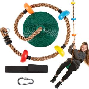 imageTURFEE Tree Swing for Kids Single Disk 6 Ft Outdoor Climbing Rope Carabiner ampamp 4 Ft Tree Strap Playground Accessories  MultiColored Disc Swing SeatRedGreen