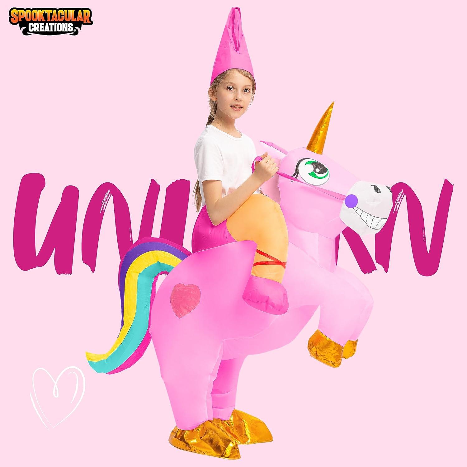imageSpooktacular Creations Kids Inflatable Halloween Costume Riding a Unicorn Colorful Air Blowup Set with Hat Hallowen PartyPink