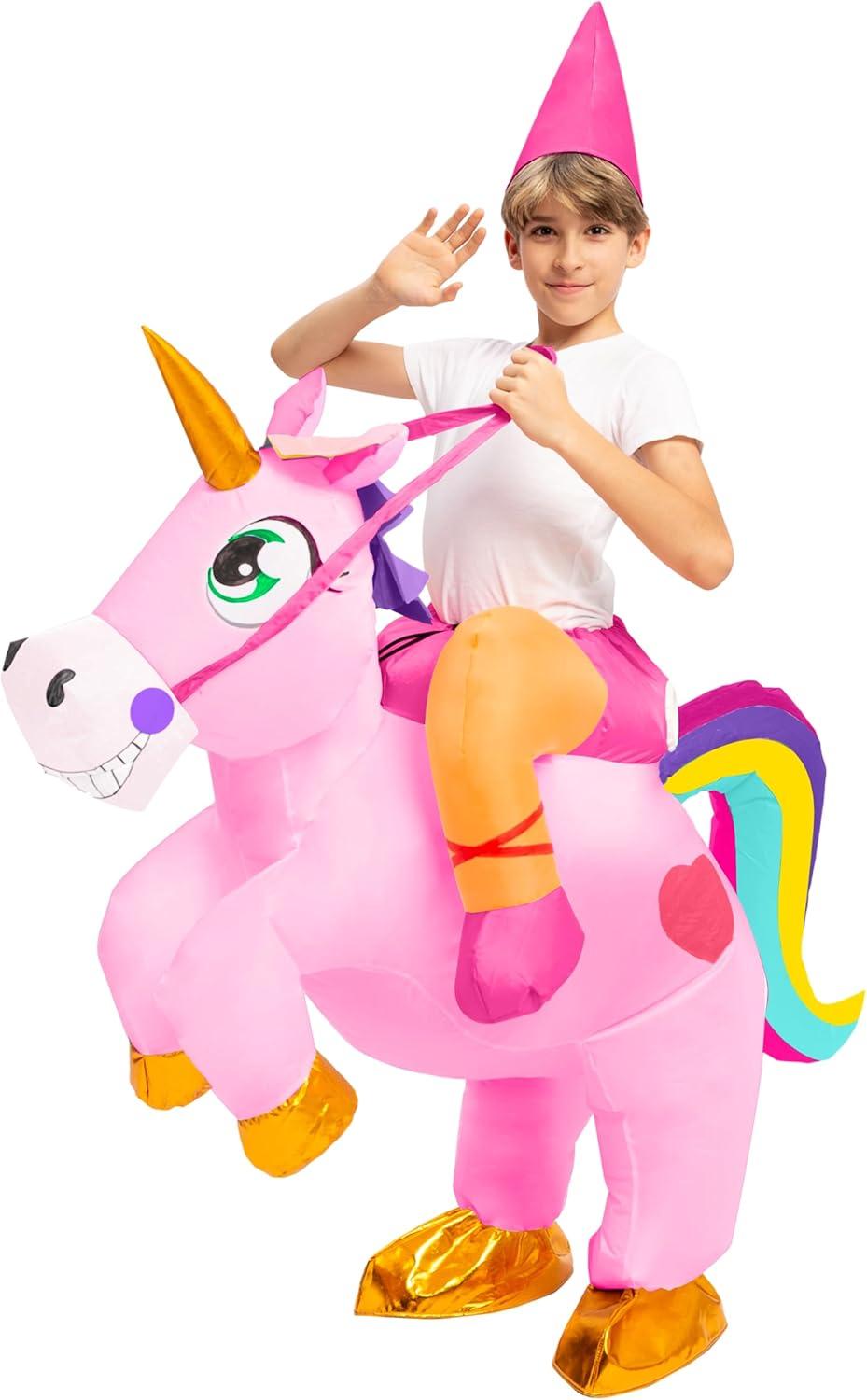 imageSpooktacular Creations Kids Inflatable Halloween Costume Riding a Unicorn Colorful Air Blowup Set with Hat Hallowen PartyPink