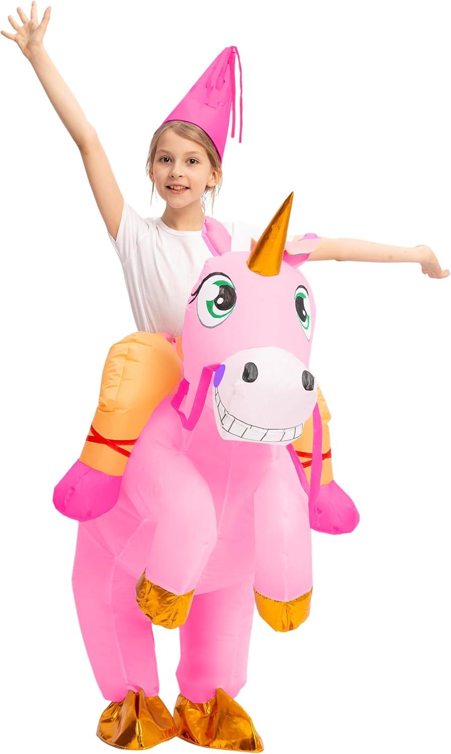 imageSpooktacular Creations Kids Inflatable Halloween Costume Riding a Unicorn Colorful Air Blowup Set with Hat Hallowen PartyPink