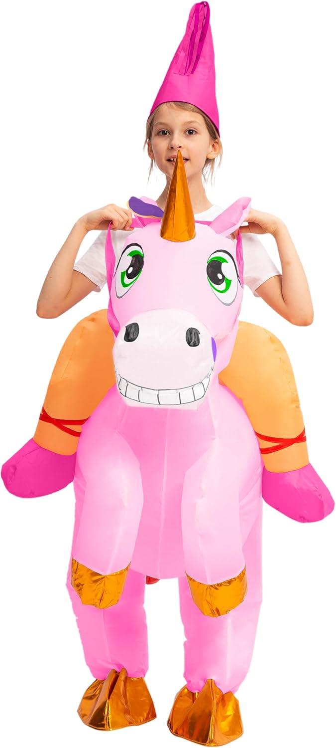 imageSpooktacular Creations Kids Inflatable Halloween Costume Riding a Unicorn Colorful Air Blowup Set with Hat Hallowen PartyPink
