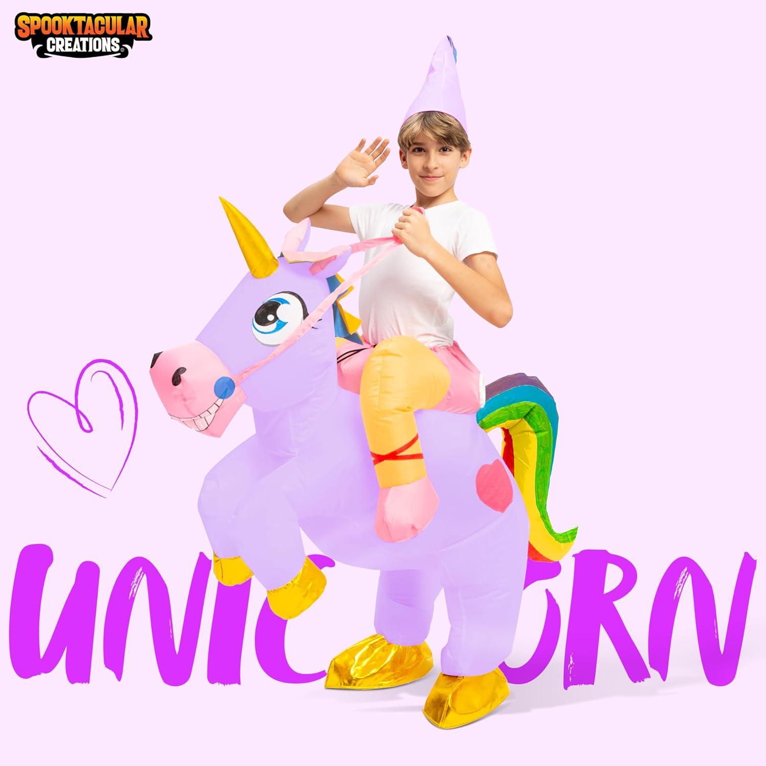 imageSpooktacular Creations Kids Inflatable Halloween Costume Riding a Unicorn Colorful Air Blowup Set with Hat Hallowen PartyPurple