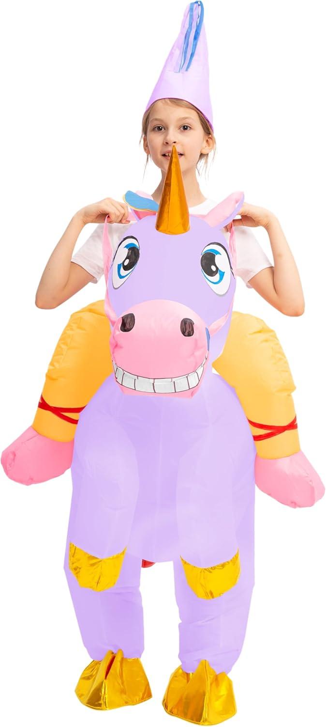 imageSpooktacular Creations Kids Inflatable Halloween Costume Riding a Unicorn Colorful Air Blowup Set with Hat Hallowen PartyPurple