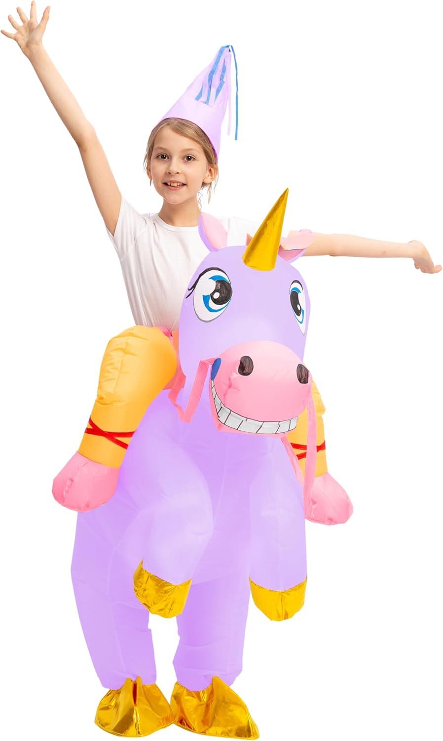 imageSpooktacular Creations Kids Inflatable Halloween Costume Riding a Unicorn Colorful Air Blowup Set with Hat Hallowen PartyPurple