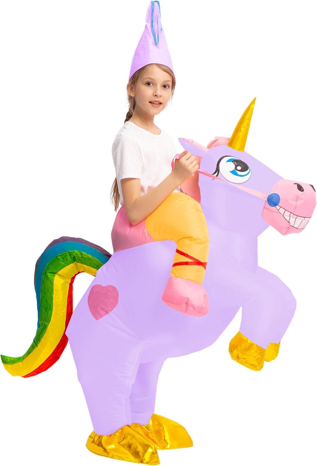imageSpooktacular Creations Kids Inflatable Halloween Costume Riding a Unicorn Colorful Air Blowup Set with Hat Hallowen PartyPurple