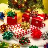 imageJOYIN 75 PCS 3 Inch Christmas Self Adhesive Gift Bows and 2 Rolls of Christmas Curling Ribbons for Baskets Wine Bottles Decoration Gift Wrapping and Decoration PresentGolden  Blue  Green  Red  Silver