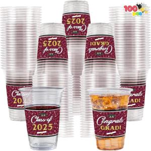 imageJOYIN 100 Pcs 16oz Graduation Party Plastic Cups Maroon Grad PET Cup Tableware Bulk for Class of 2025 Graduates Disposable Cups for 2025 High School College Graduation School Grad Party SuppliesMaroon