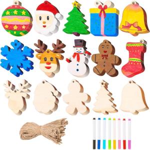 imageJOYIN 100 Pcs Christmas Wooden Ornaments Crafts to Paint Unfinished Wood Painting Kits with 8 Watercolor Pens for Kids Make Your Own DIY Hanging Ornament for Xmas Tree Decor Party Supplies Age 8