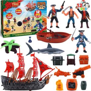 imageJOYIN 12 Days Advent Calendar 2024 with Pirate Action Figures Playset Toy with Boat Treasure Chest Cannons Shark Pirate Ship 12 Days Countdown Advent Calendar for Kids Boys