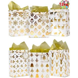imageJOYIN 12 PCS Christmas Holiday Foil Gold Gift Bags with Tissue Papers and Name Card Tags Assorted White Winter Prints for Party Favors Goody Bags Xmas Presents and Wrapping Stocking StuffersGold