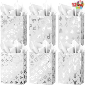 imageJOYIN 12 PCS Christmas Holiday Foil Gold Gift Bags with Tissue Papers and Name Card Tags Assorted White Winter Prints for Party Favors Goody Bags Xmas Presents and Wrapping Stocking StuffersSliver