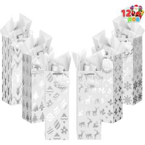 imageJOYIN 12 PCS Christmas Wine Bottle Bags Gold Foil with Tissue Paper and Name Tags 6 Print Designs for Winter Holiday Xmas Gift Party Favor Decoration Liquor Lovers and Drinkers Gift PresentsSliver