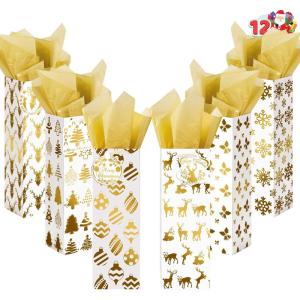 imageJOYIN 12 PCS Christmas Wine Bottle Bags Gold Foil with Tissue Paper and Name Tags 6 Print Designs for Winter Holiday Xmas Gift Party Favor Decoration Liquor Lovers and Drinkers Gift PresentsGold