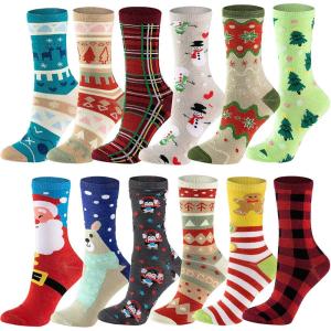 imageJOYIN 12 Pairs Christmas Socks Christmas Crew Socks for Women Holiday or Birthday GiftYellow Mix