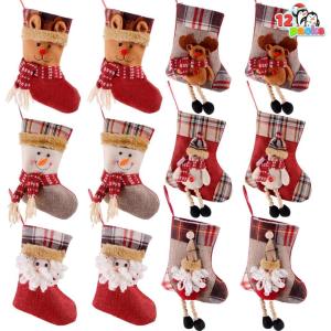 imageJOYIN 12 Pcs Mini Christmas 3D Bulk Xmas Stockings Santa Snowman Reindeer Burlap Stockings for Present Holders Treat Bags Christmas Tree Decoration Xmas Party Decors