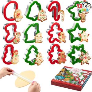 imageJOYIN 13 PCS Christmas Cookie Cutters in Stainless Steel with 35 plus Grip and a Rolling Pin for Xmas Holiday Party Baking Supplies Snowflake Gingerbread Cookies Mold and Baking Gift