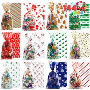 imageJOYIN 144 PCS Christmas Cellophane Bags with Ribbon for Holiday Treats Christmas Clear Cello Gift Candy Cookie Bags for Party Favors Festivals Presents Party Supplies 11 X 5