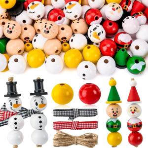 imageJOYIN 173 Pcs Christmas DIY Wooden Beads Craft Printed Wood Round Beads Make Up to 30 Hanging Ornaments of Snowman Santa Santa ampamp Elf for Christmas Craft Xmas Holiday DecorationArt Activities