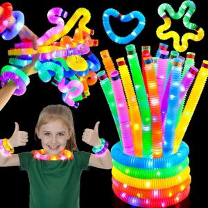 imageJOYIN 18 Pack Halloween Glow Sticks Party Favors for Kids Light Up Pop Tubes Glow Necklaces Bracelets Party Supplies for Toddlers Boys Girls Birthday Gifts Christmas Goodie bags