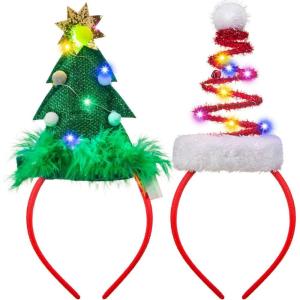 imageJOYIN 2 PCS Lighted Christmas Headbands with LED lights in Springy Santa Hat Tree Designs for Christmas and Holiday Parties ONE SIZE FIT ALL