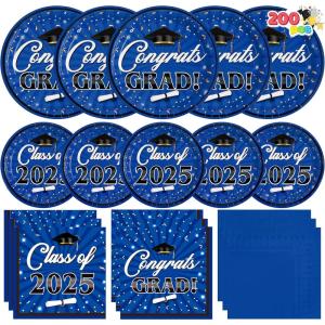 imageJOYIN 2025 Graduation Party Plates and Napkins Orange Tableware Set Supplies 200 PCS Graduation Disposable Paper Plates Cocktail Napkins for Congrats Grad Party Decorations Celebration Serve 50Blue